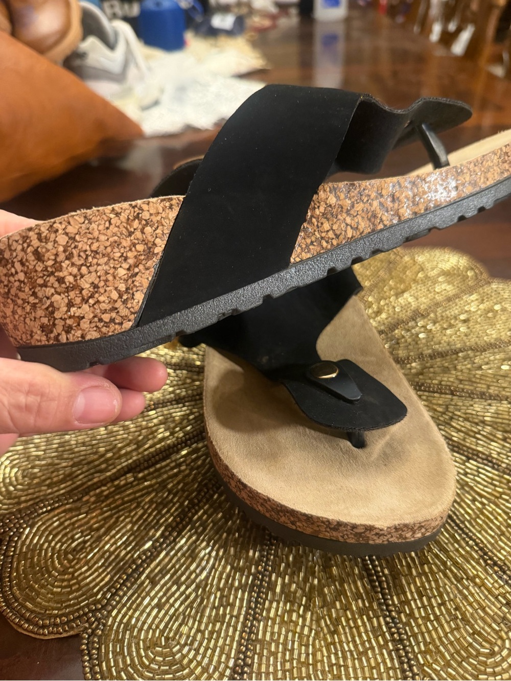 Black Cork-Style Toe-Post Sandals with Gold Accent - Picture 6 of 6
